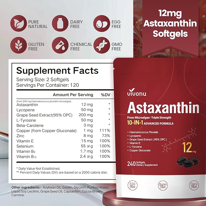 10 in 1 Astaxanthin Supplements 12mg, 16 Month Supply, Astaxantina Antioxidant - Image 8